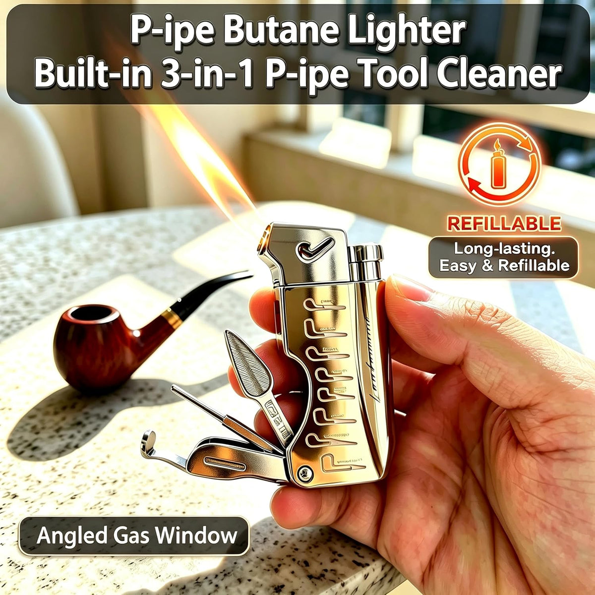 Soft Flame Butane Lighter with Built-in 3-in-1 P-ipe Tool Cleaner, Unique Refillable P-ipe Lighter, Angled Gas Window, Unique Gifts for Men, Birthday, Father’s Day, Valentine’s Day (Gold, No Fuel)