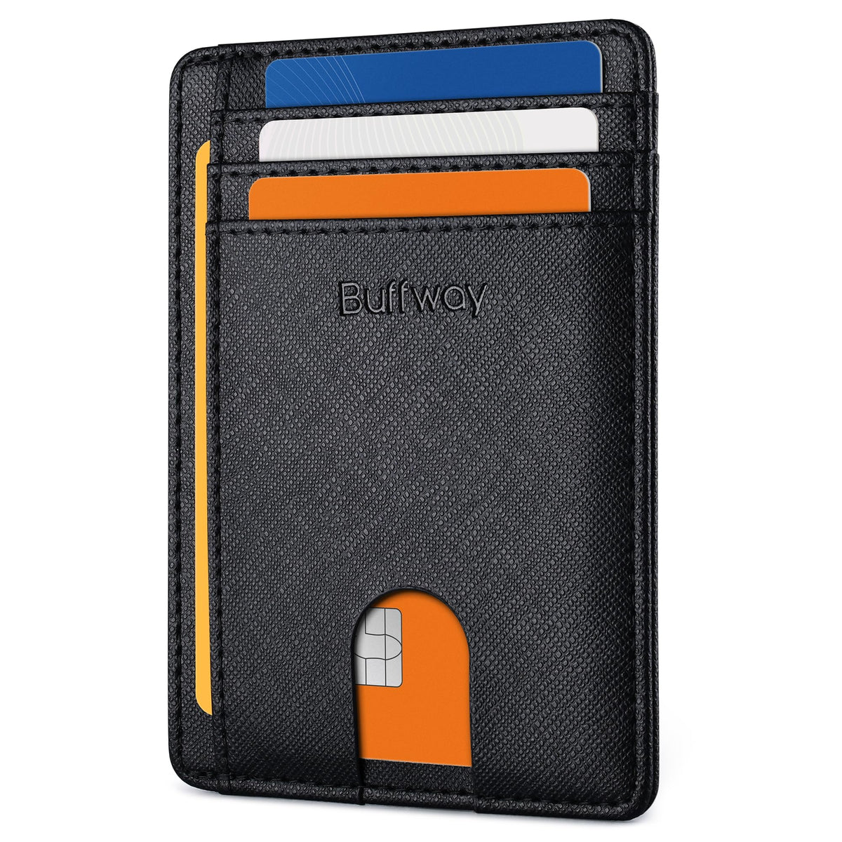 Buffway Slim Minimalist Front Pocket RFID Blocking Leather Wallets for Men and Women - Carbon Fiber Black