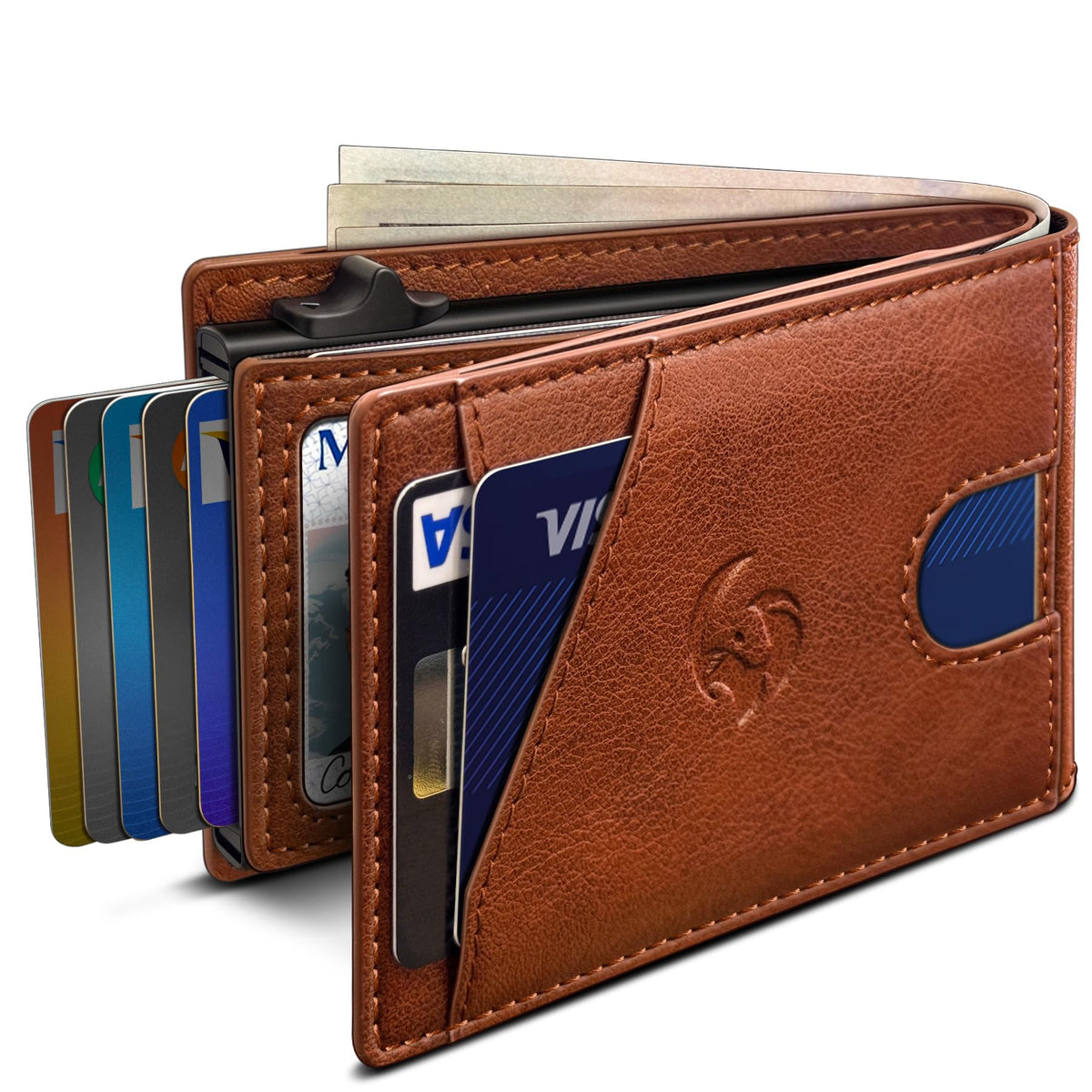 Wallet for Men, Slim Pop Up Card Holder with RFID Blocking, Minimalist Bifold Wallet with 9 Card Slots, ID Window and Cash Pocket, Metal Flip Case with Magnetic Closure, Gift Box