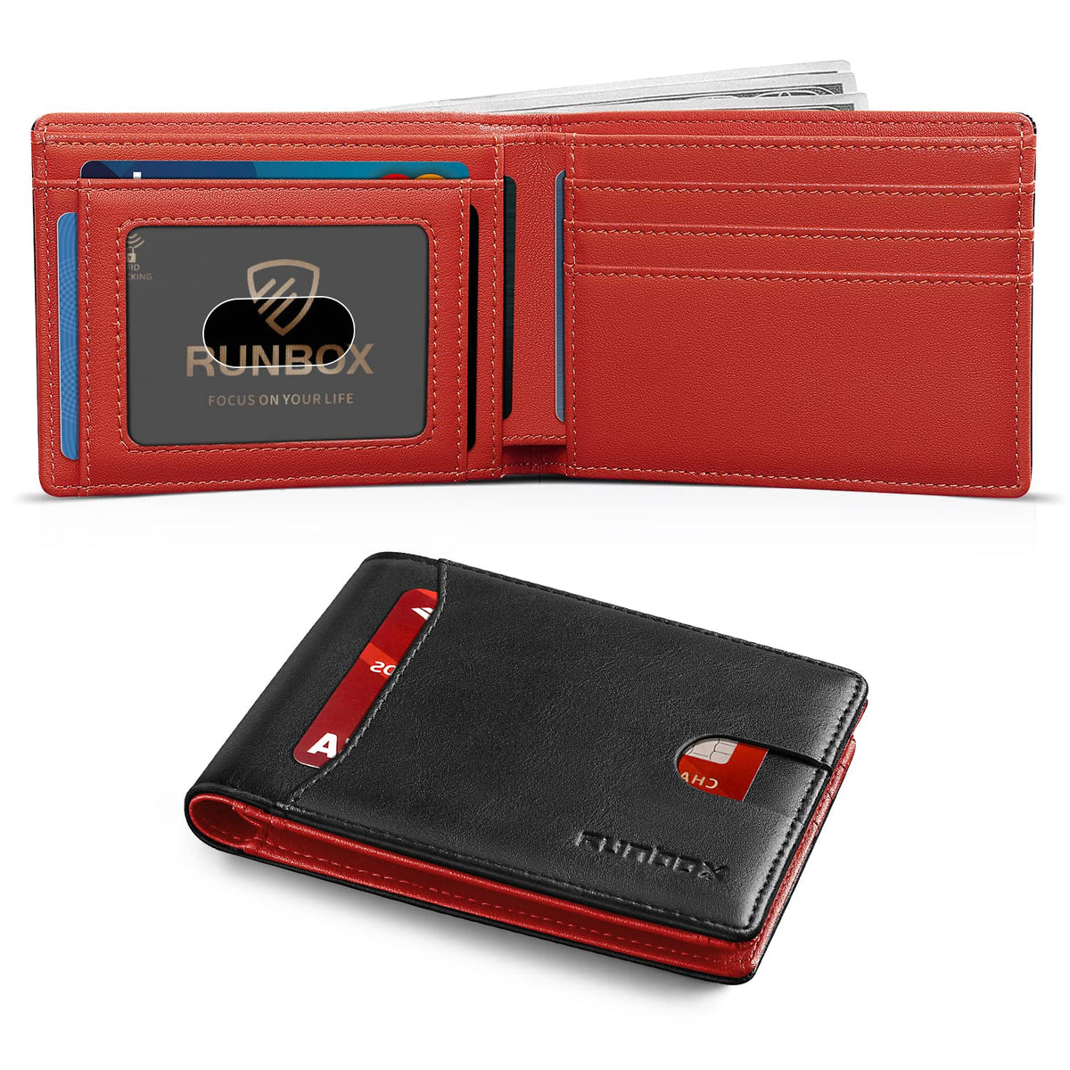 RUNBOX Wallet for Men, Slim Leather Bifold, RFID Blocking Card Holder