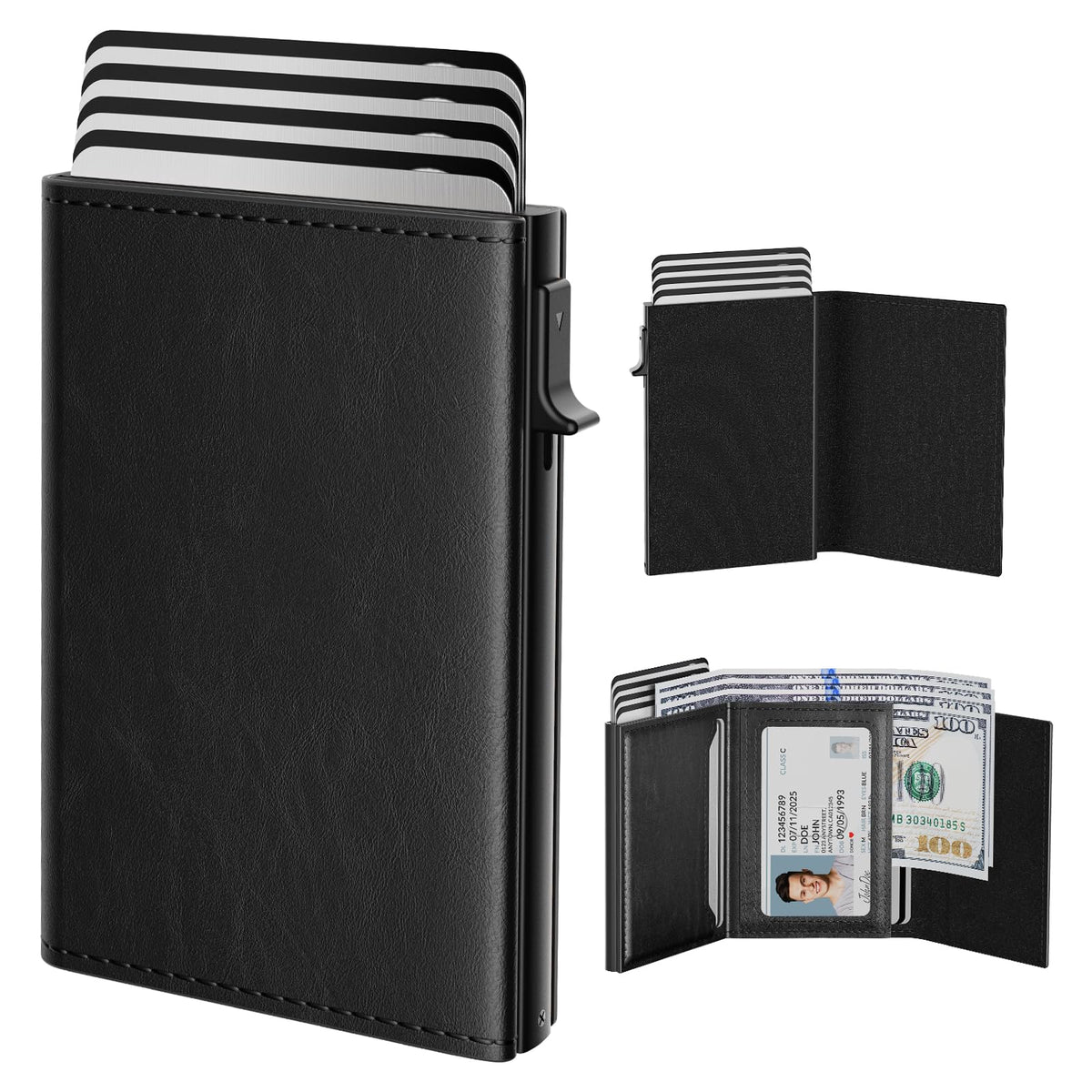 typecase Mens Wallet Card Holder: Pop Up Aluminum Case, Genuine Leather, Smart, RFID Blocking, Slim, Minimalist, Front Pocket - 9-14 Card Capacity | ID Window | Cash Slot (Carbon Fiber)