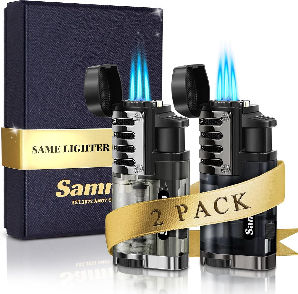SAMNIU Pack of 2 Torch Lighter, Triple Jet Flames, Visible Gas Tank, Windproof Butane Refill Pocket Lighters for Candle, Men’s Gift (Gas not Included)