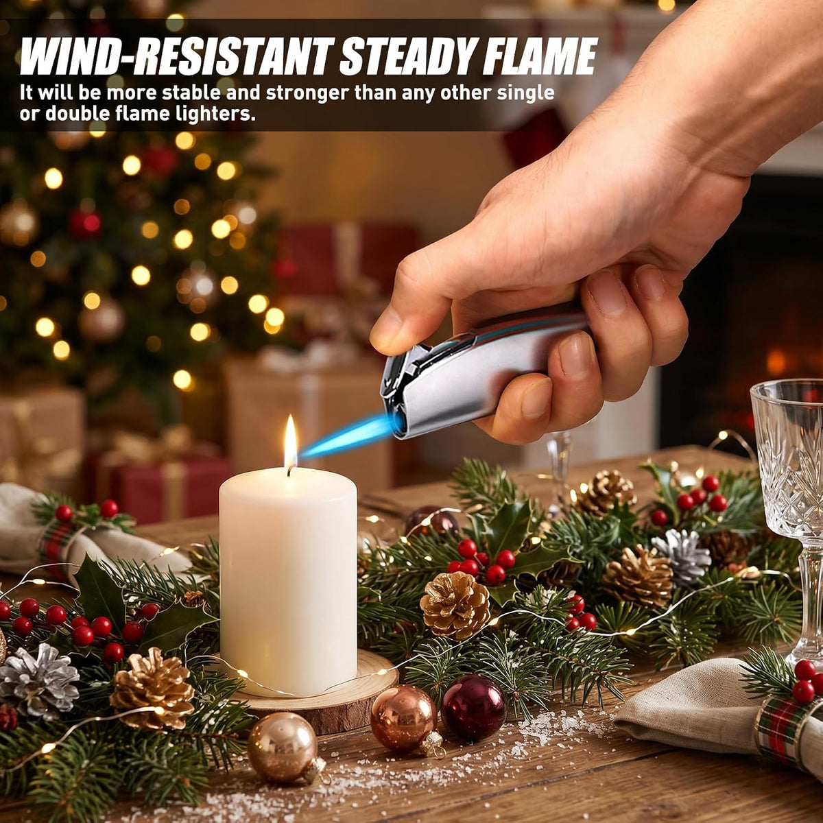 Butane Torch Lighter, Windproof Jet Flame Refillable Adjustable for Candles, BBQ, Camping, Fireworks, Fireplace & Gas Stove, Daily Use, Great Gift, 2 Pack (Satin Silver, Butane Not Included)