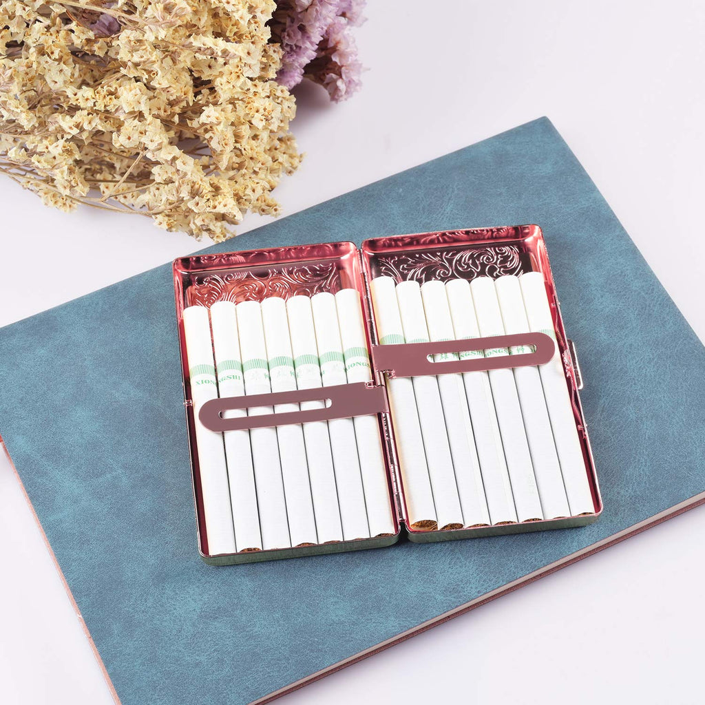 Retro Metal Cigarette Case-Double Sided Spring Clip Open Pocket Holder for 14 100mm Cigarettes Credit Card Holder Protective Security Wallet for Men and Women(Rose Golden)
