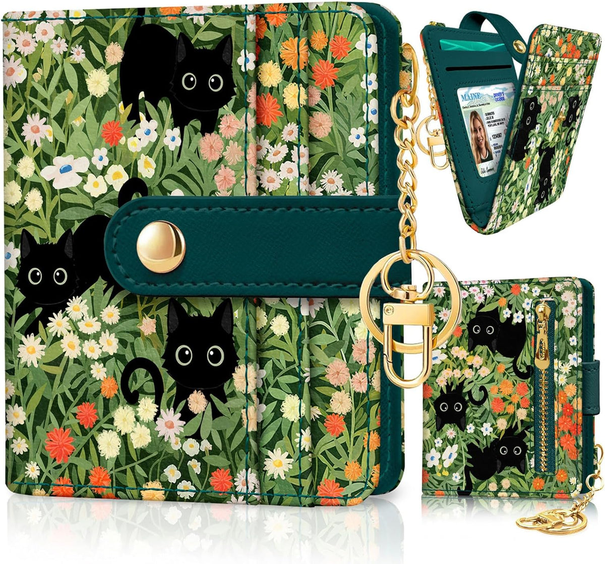 Jogjam Black Cat Floral Rfid Women Wallet, Small Slim Credit Card Holder