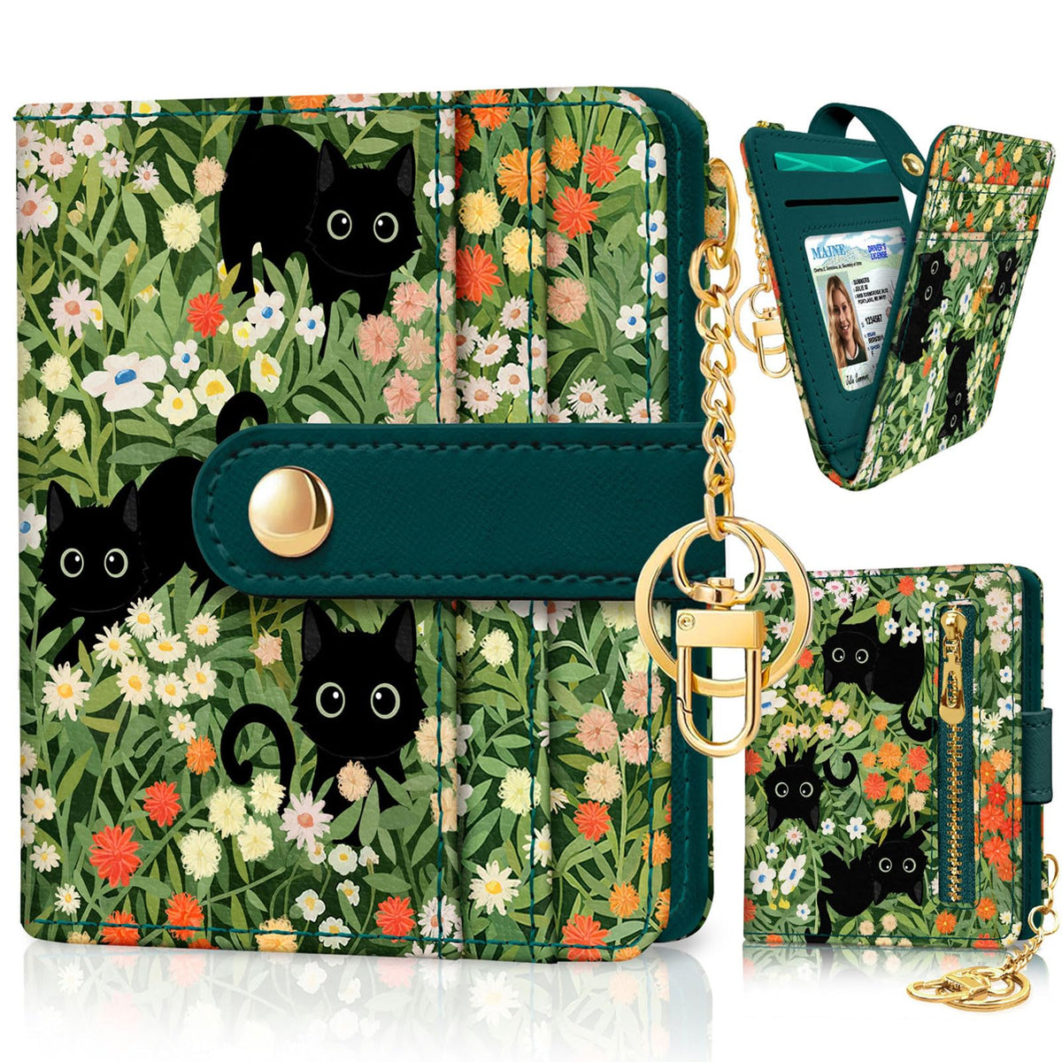 Jogjam Black Cat Floral Rfid Women Wallet, Small Slim Credit Card Holder