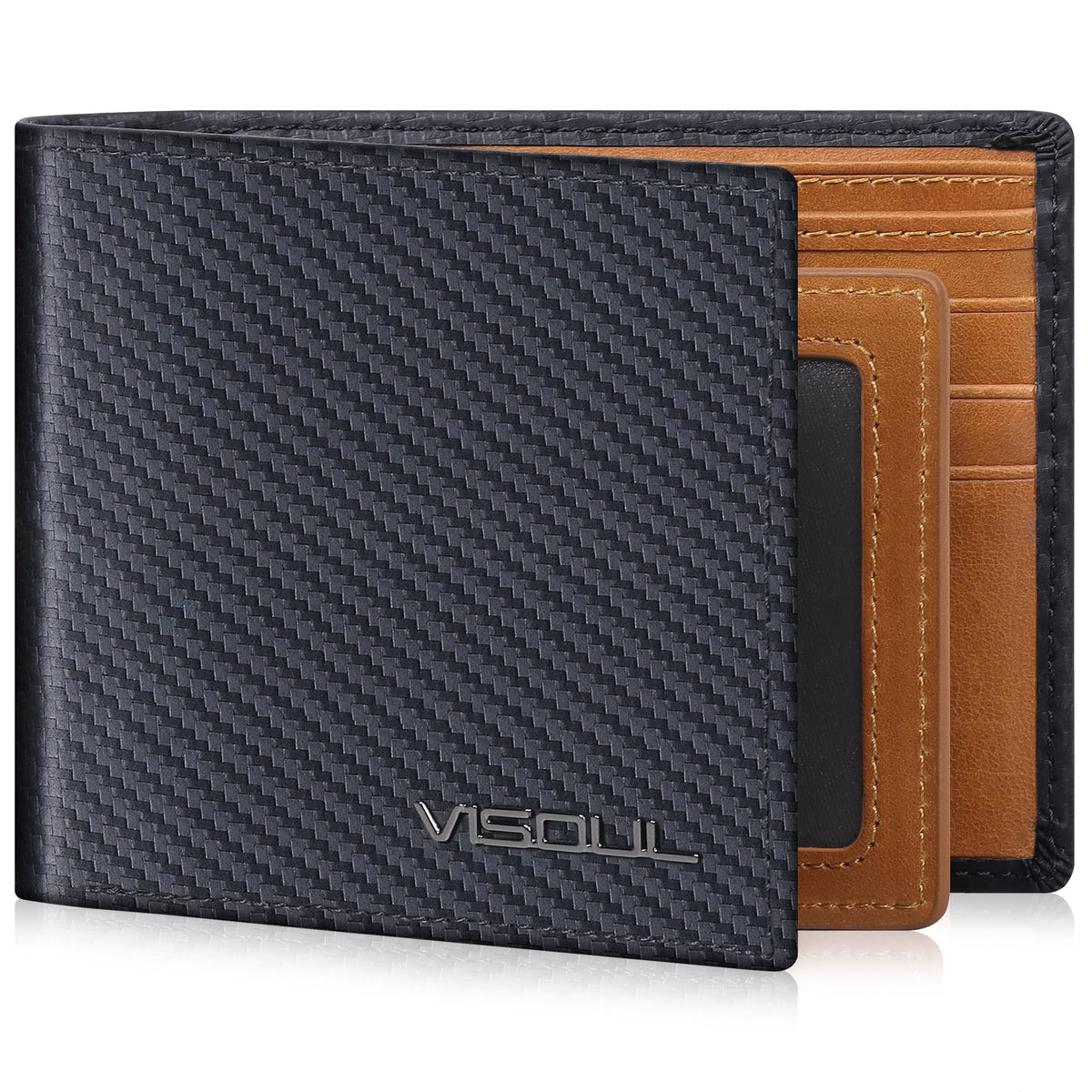 VISOUL Mens Wallet Bifold RFID Protected with 2 ID Windows 8 Credit Card Slots 2 Cash Compartments, Carbon Fiber Leather Wallet for Men Gift Box (Black+Burgundy)