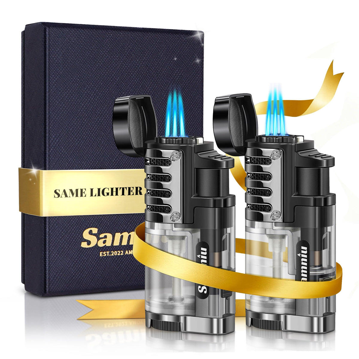 SAMNIU Pack of 2 Torch Lighter, Triple Jet Flames, Visible Gas Tank, Windproof Butane Refill Pocket Lighters for Candle, Men’s Gift (Gas not Included)
