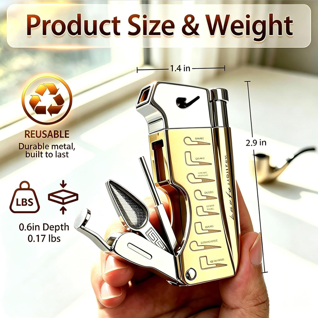 Soft Flame Butane Lighter with Built-in 3-in-1 P-ipe Tool Cleaner, Unique Refillable P-ipe Lighter, Angled Gas Window, Unique Gifts for Men, Birthday, Father’s Day, Valentine’s Day (Gold, No Fuel)
