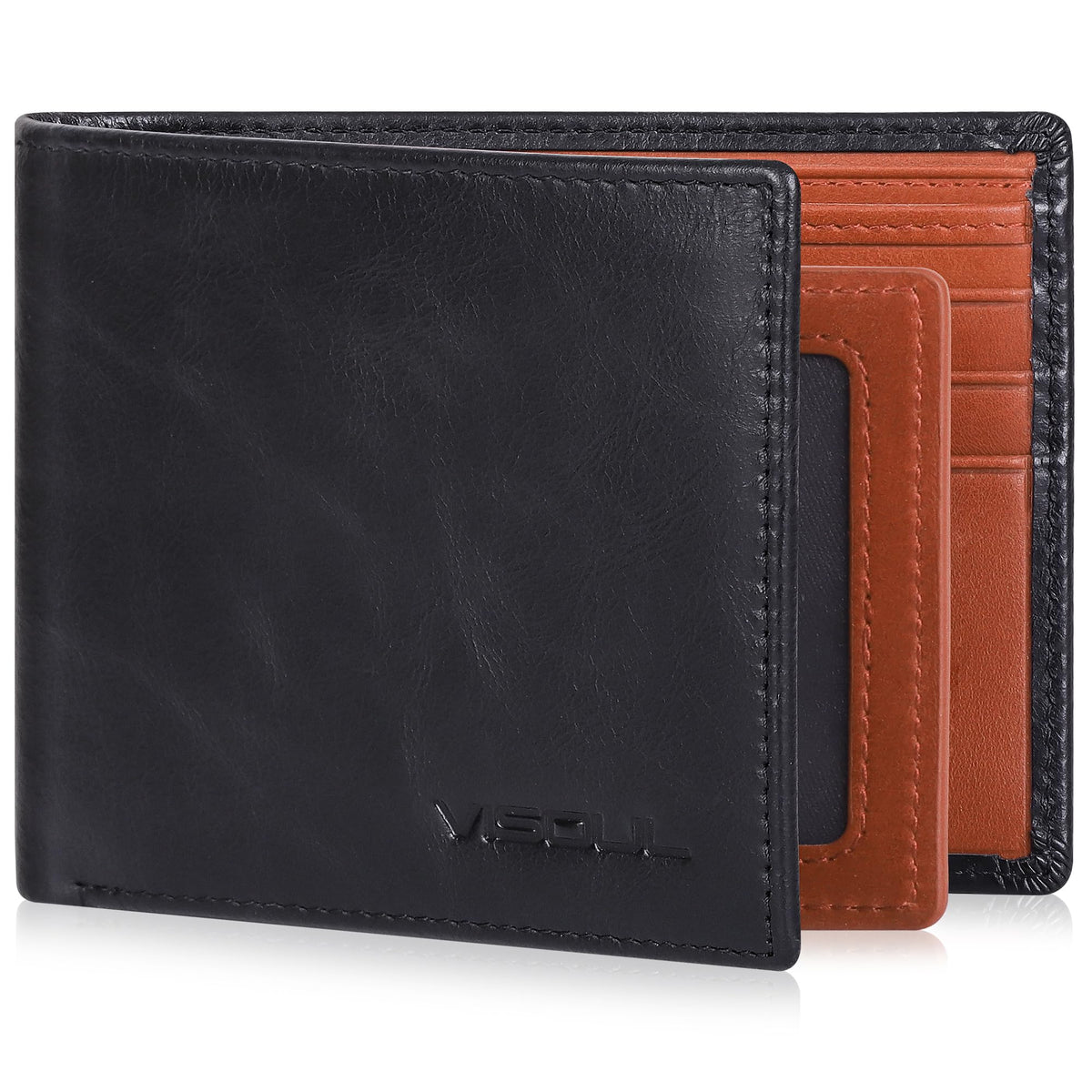 VISOUL Mens Wallet Bifold RFID Protected with 2 ID Windows 8 Credit Card Slots 2 Cash Compartments, Carbon Fiber Leather Wallet for Men Gift Box (Black+Burgundy)
