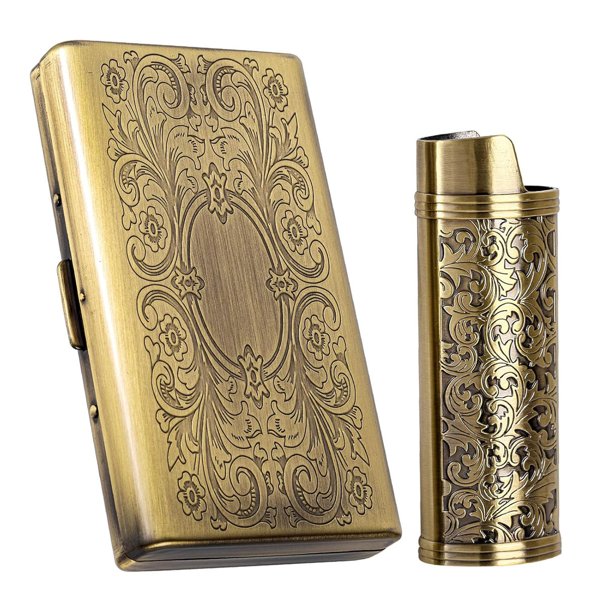 Vintage Metal Cigarette case with J6 Lighter, Holds 12pcs 100s Cigarettes, Can Also Be Used for RFID Credit Card and Cash Organizer (Bronze, 12pcs 100's)