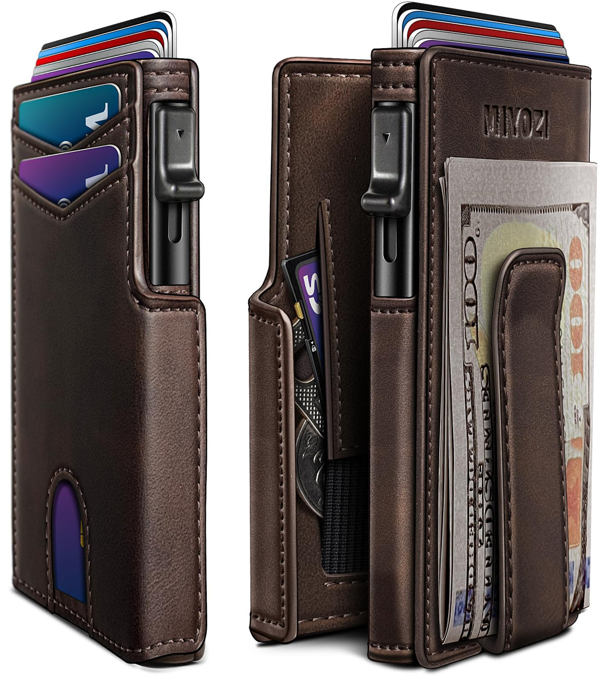 miyozi Wallet for Men, Magnetic Minimalist Slim Wallet with Pop Up Card Holder, 9 Cards RFID Blocking Metal Credit Card Case, Leather Wrapped Money Clip, ID Window & Small Item Slot, Gift Boxed