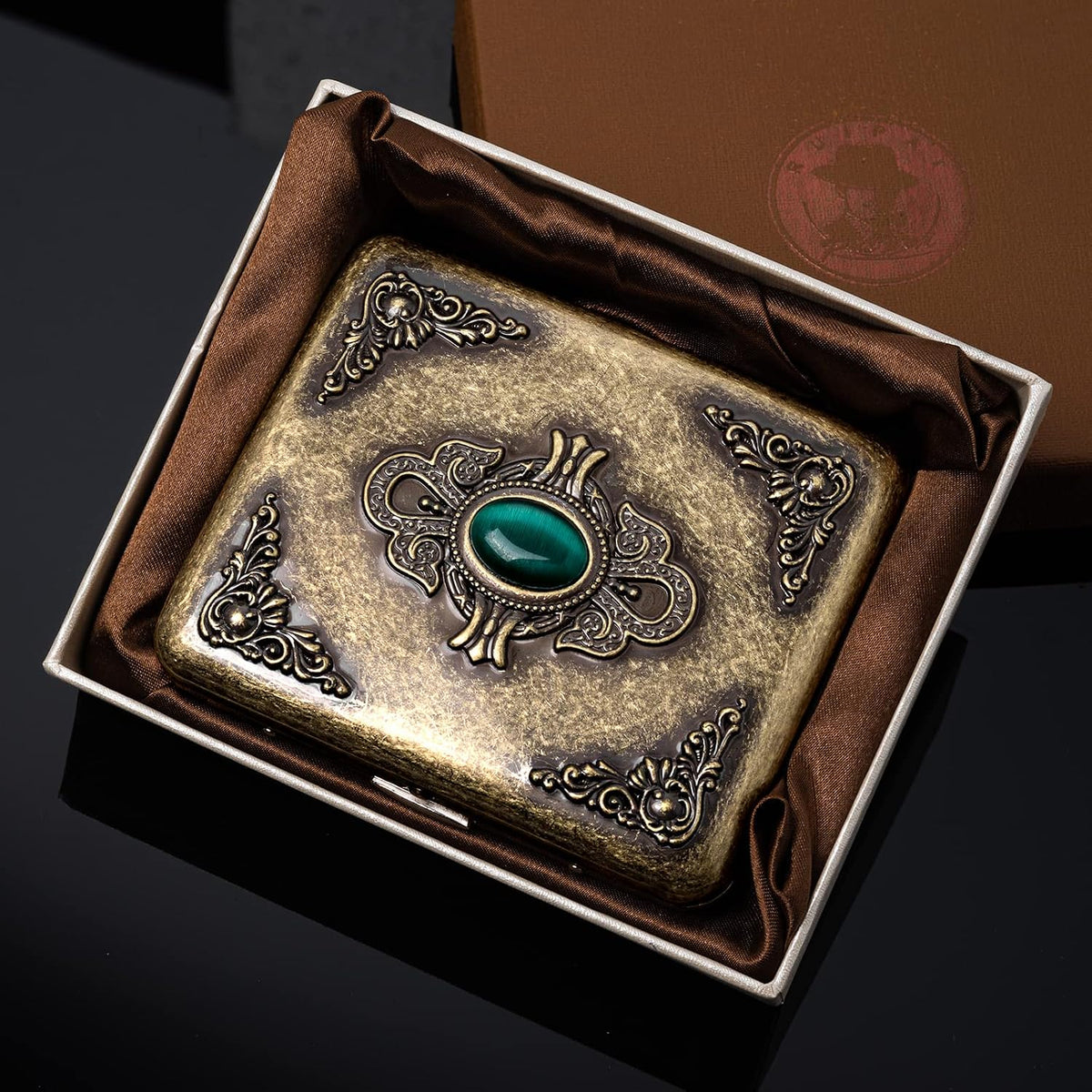Goshentech Vintage metal case, metal plated copper,18-20 capacity, surface imitation emerald ornament,gift box packaging(Bronze, 85mm King Size)