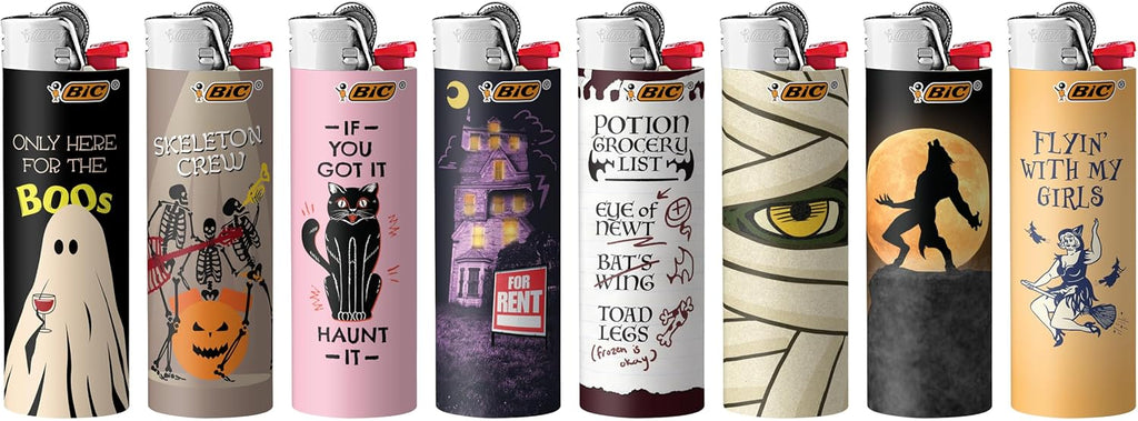 BIC Maxi Pocket Lighter, Special Edition Spooky Series, Halloween-Inspired Designs, Set of 8 Lighters