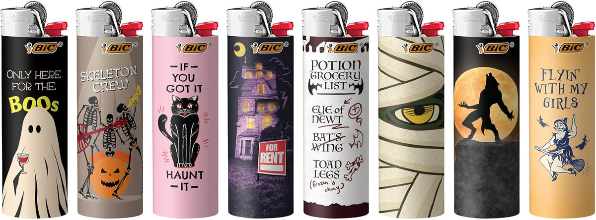 BIC Maxi Pocket Lighter, Special Edition Spooky Series, Halloween-Inspired Designs, Set of 8 Lighters