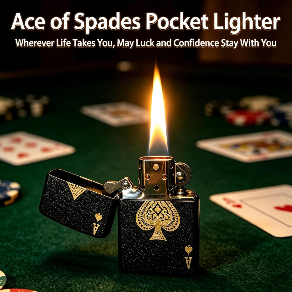 Ace of Spades Pocket Kerosene Lighter, Vintage Soft Flame Lighters with Rubber Fuel Seal, Unique Refillable Metal Windproof Lighter, Textured Frosted Brass Exterior, Birthday Gifts for Men (No Fuel)