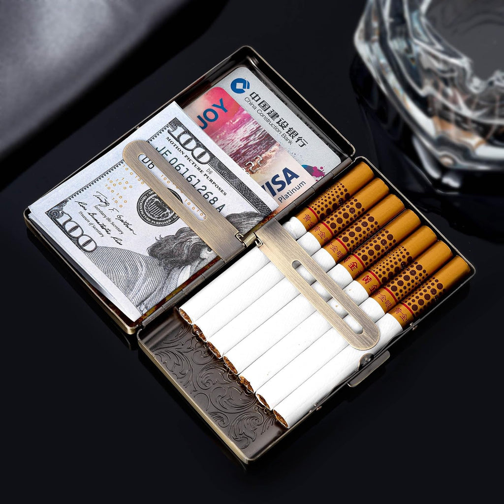 Goshentech Vintage Cigarette case,14 Capacity,Metal Plated Metallic Glossy Black,Double-Sided,Bank Card case, Cash Box(100mm King Size) (Bronze)