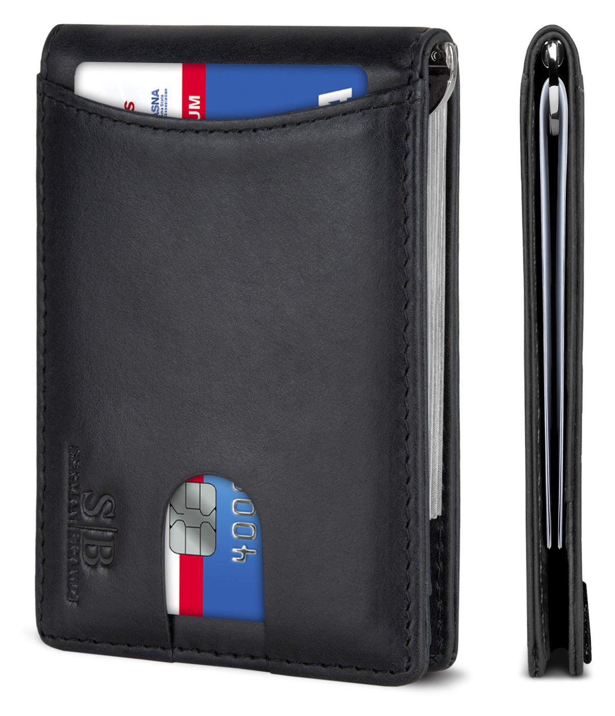 SERMAN BRANDS RFID Blocking Slim Bifold Genuine Leather Minimalist Front Pocket Wallets for Men with Money Clip Thin Mens