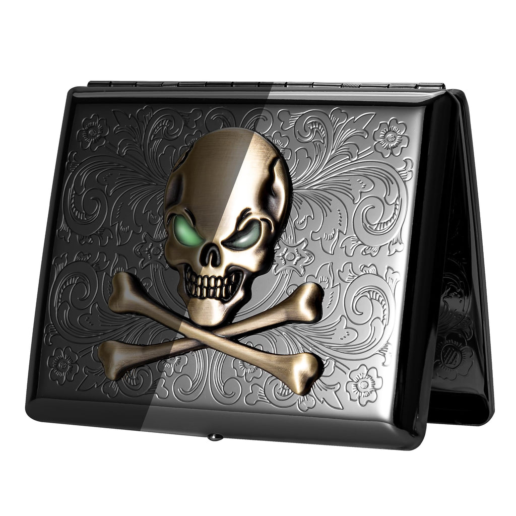 Stylish Portable Metal Cigarette Case - Holds 100mm Cigarettes. (Skull Vine Silver, 20pcs 100's) (Skull Vine Black, 20pcs 100's)