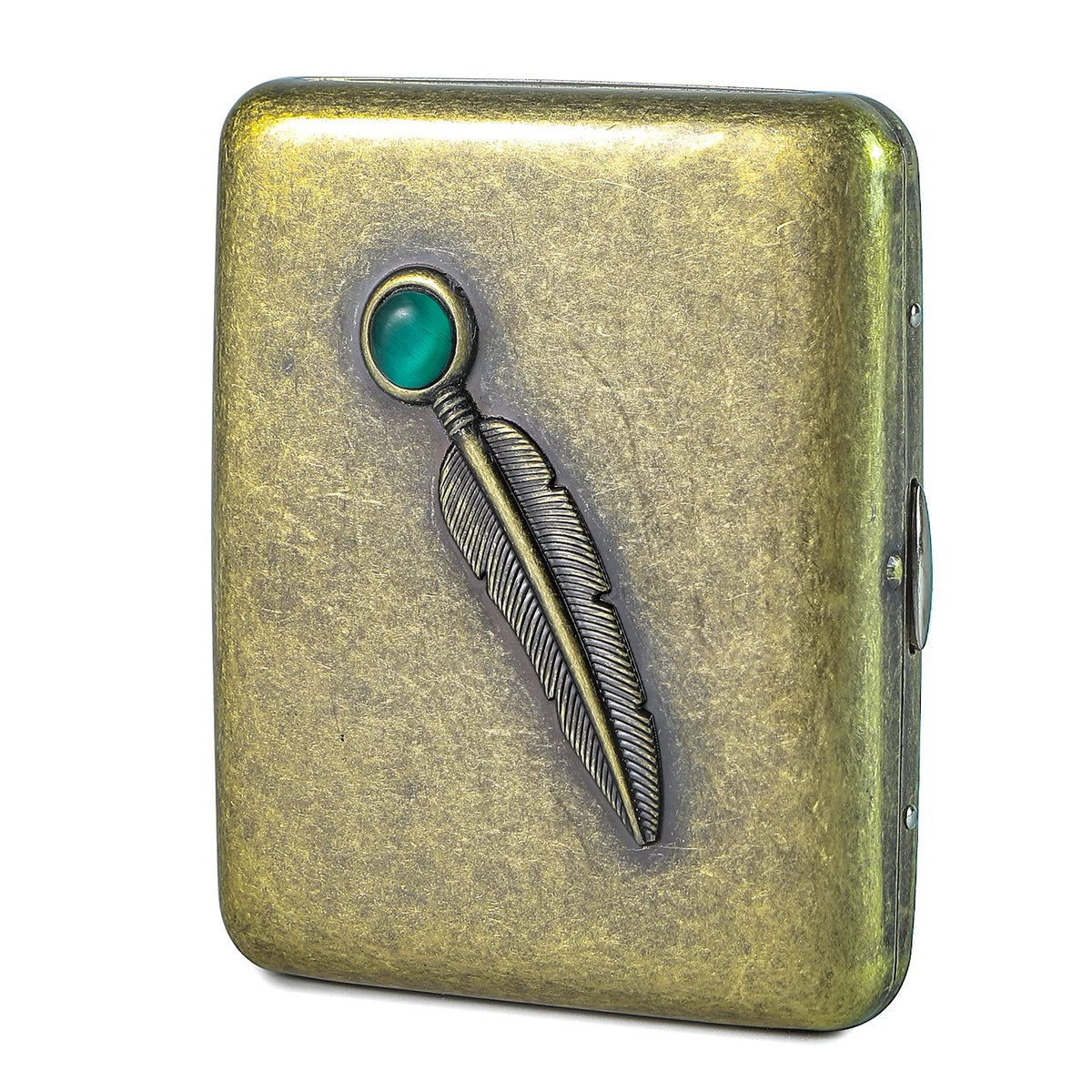 Vintage Metal Case - Retro Holder Case with Exquisite Carved Feather and Emerald Gemstone Embellishments - Minimalist Storage Case for Women Men, Holds 14 to 20, up to 84mm, Bronze, Feather