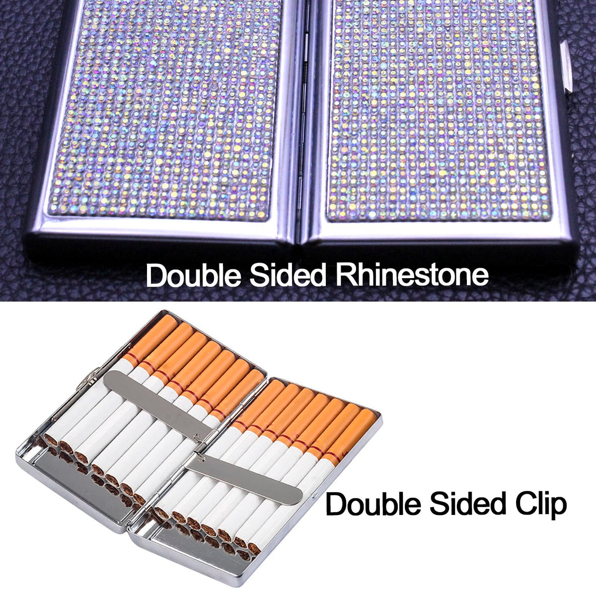 HUMWE Bling Rhinestone Crystal Cigarette Case for Women Men, Metal Holder for Regular,King and 100's Size 14-20 Capacity, Pocket Cigarettes Box for Smoker