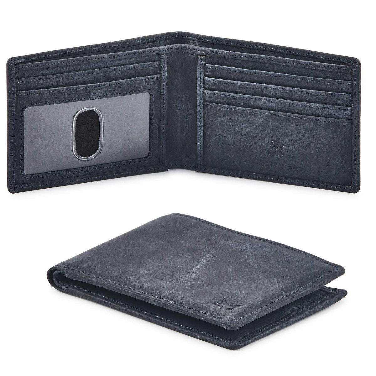 Real Leather Mens Bifold Wallet RFID Blocking Slim Minimalist Front Pocket - Thin & Stylish with ID Window in Gift Box (Crazy Horse, Cognac).