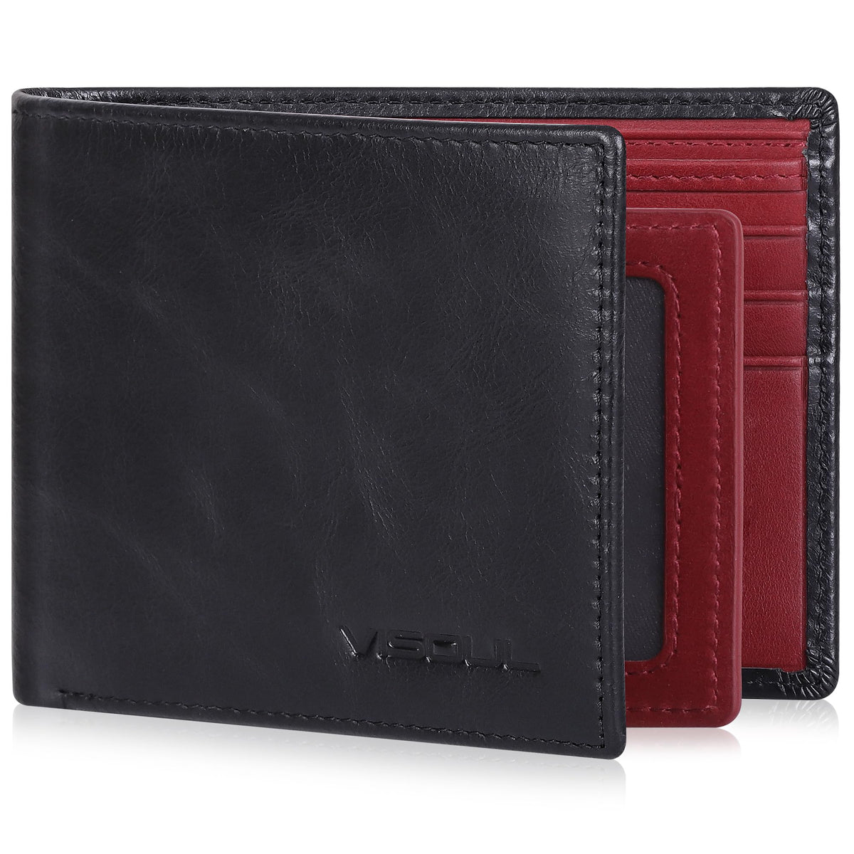 VISOUL Mens Wallet Bifold RFID Protected with 2 ID Windows 8 Credit Card Slots 2 Cash Compartments, Carbon Fiber Leather Wallet for Men Gift Box (Black+Burgundy)