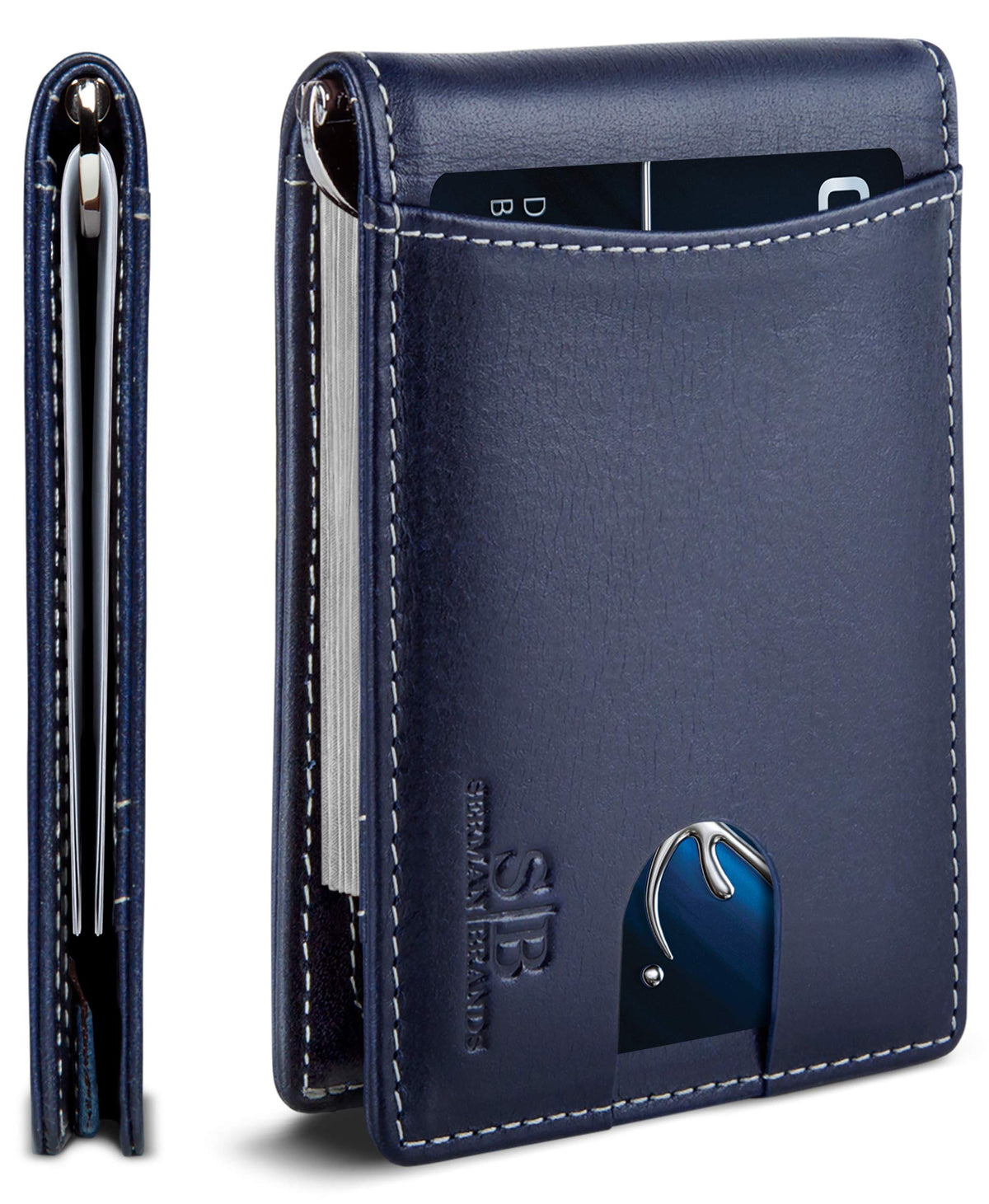 SERMAN BRANDS RFID Blocking Slim Bifold Genuine Leather Minimalist Front Pocket Wallets for Men with Money Clip Thin Gift