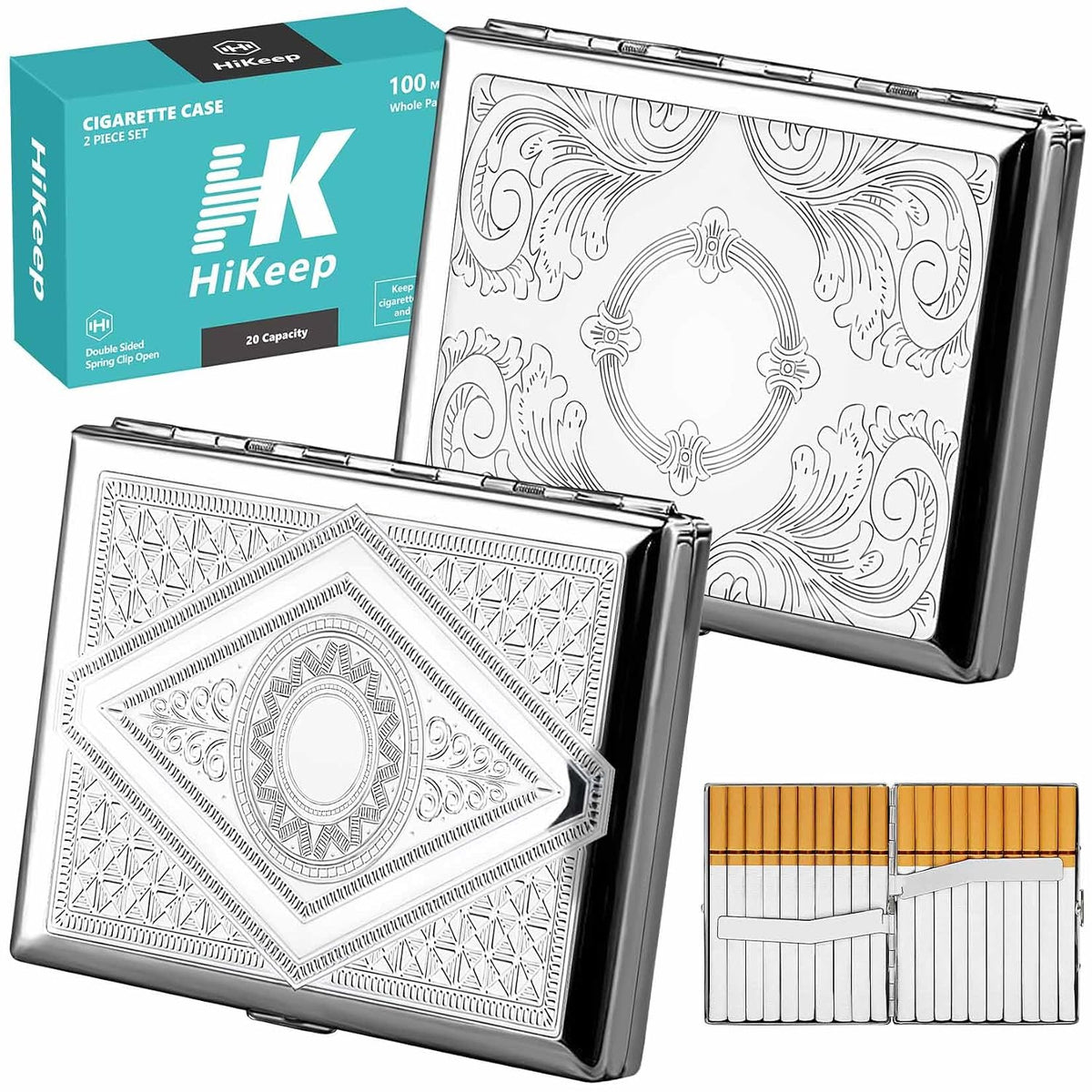 HiKeep Cigarette Case (2 Pack), Metal Cigarette Holder Case, Retro Outdoor