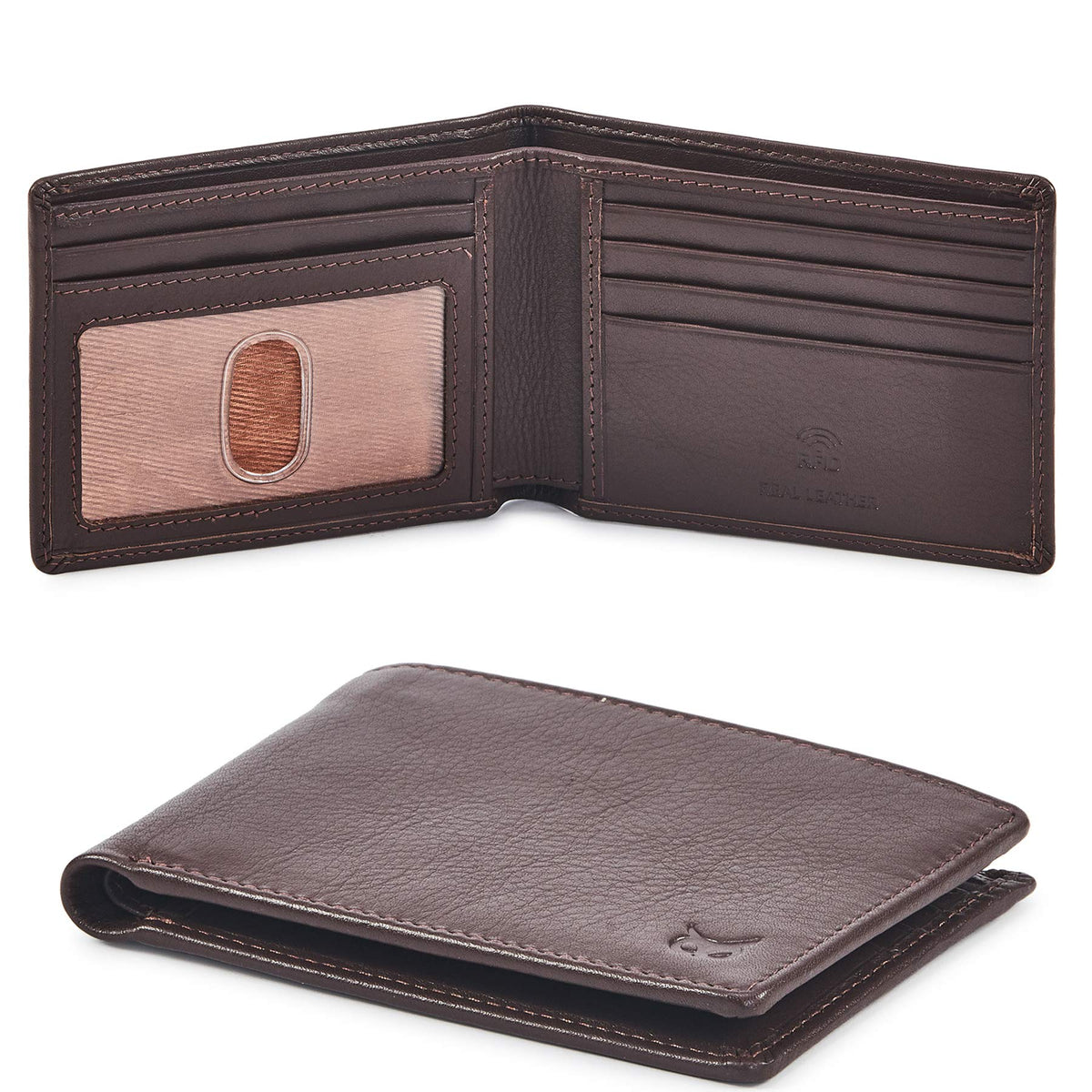 Real Leather Mens Bifold Wallet RFID Blocking Slim Minimalist Front Pocket - Thin & Stylish with ID Window in Gift Box (Crazy Horse, Coffee)