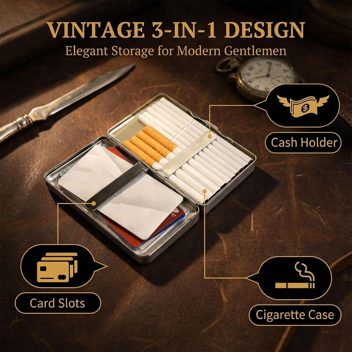 Vintage Art Deco Versatile Card & Cash/Cigarette Holder Case, Slim Metal Wallet for Women Men Credit ID Business Cards (#E)