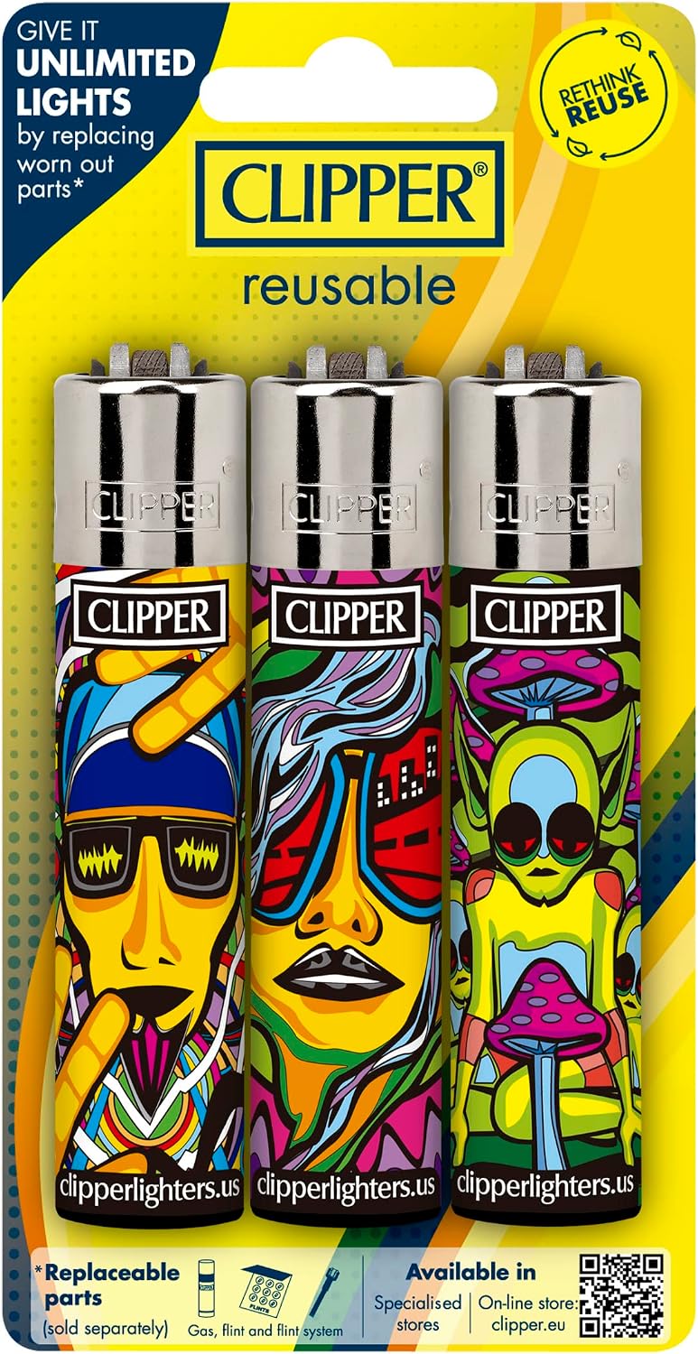 Clipper - Classic Large Reusable Lighter - Iconic Premium Refillable Lighters Bulk Pack - Replace Butane, Flint, and Spark Wheel for Unlimited Lights - 12 Pack - Assorted Designs