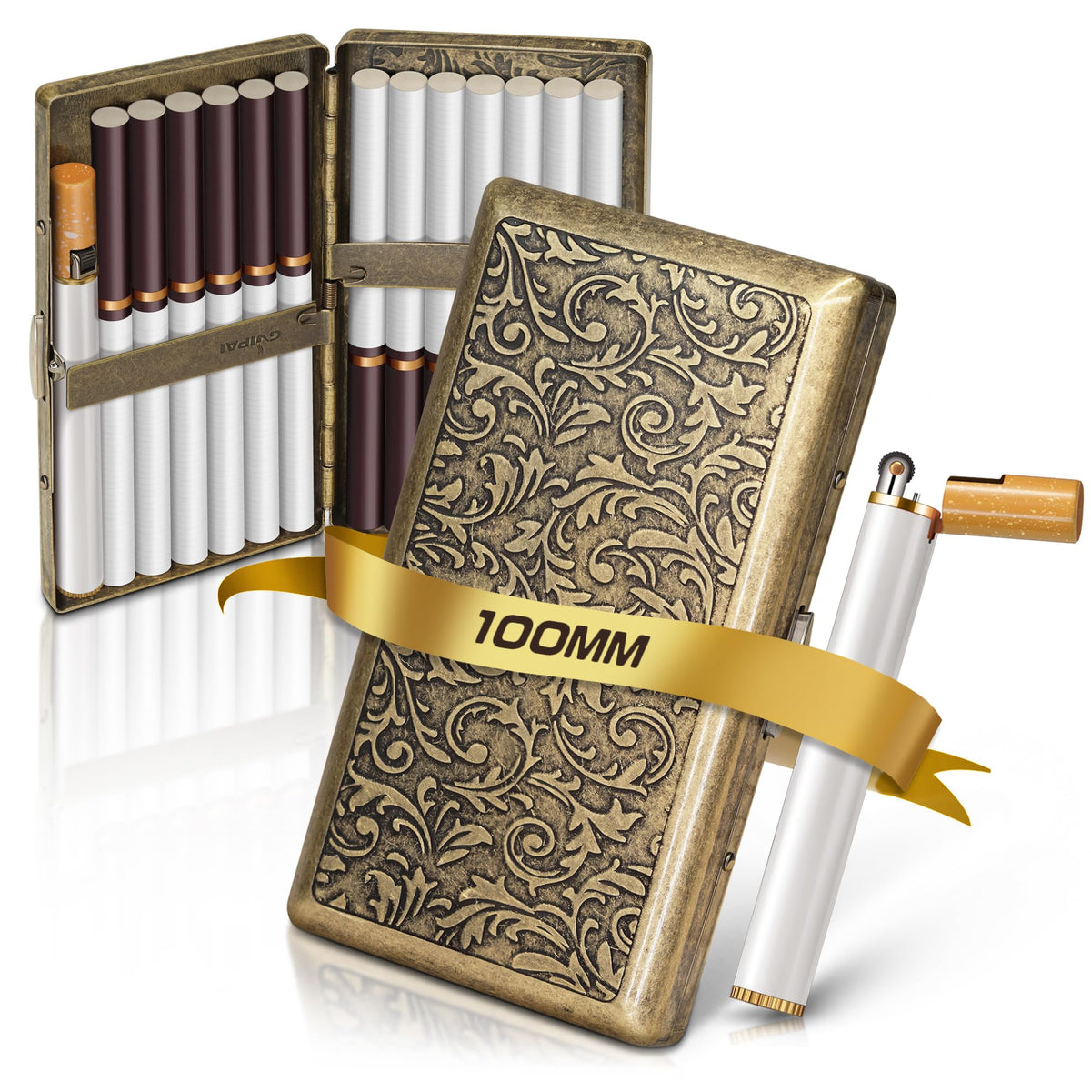 X-LIGHTER Vintage Cigarette Case with Lighter for 100's, Smell Proof, Retro Metal Cigarette Cases Holder 100s King Size, Funny Smoking Set for Women Men, Christmas Gift (No Gas)