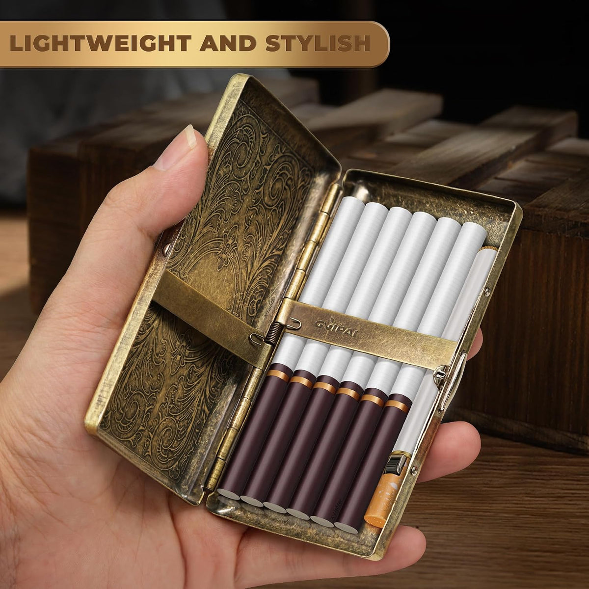 X-LIGHTER Vintage Cigarette Case with Lighter for 100's, Smell Proof, Retro Metal Cigarette Cases Holder 100s King Size, Funny Smoking Set for Women Men, Christmas Gift (No Gas)