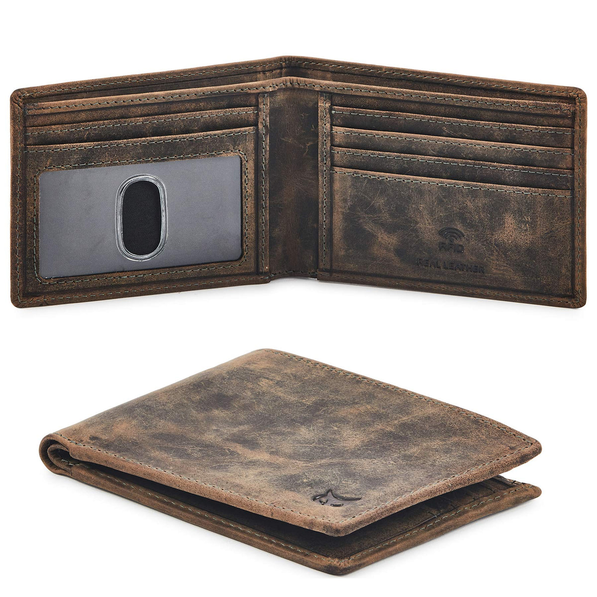 Real Leather Mens Bifold Wallet RFID Blocking Slim Minimalist Front Pocket - Thin & Stylish with ID Window in Gift Box (Crazy Horse, Coffee)