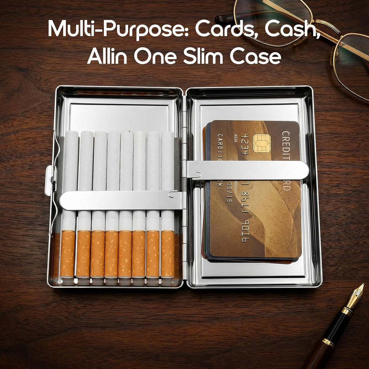 Vintage - Style Versatile Card & Cash Case Art Deco Design Metal Wallet with RFID and Holds King Size / 100s Women and Men Easy Snap Business Card Box for Credit Cards Cash Id Business Cards