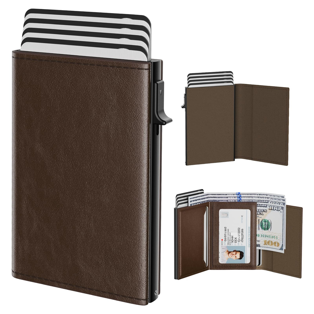 typecase Mens Wallet Card Holder: Pop Up Aluminum Case, Genuine Leather, Smart, RFID Blocking, Slim, Minimalist, Front Pocket - 9-14 Card Capacity | ID Window | Cash Slot (Carbon Fiber)