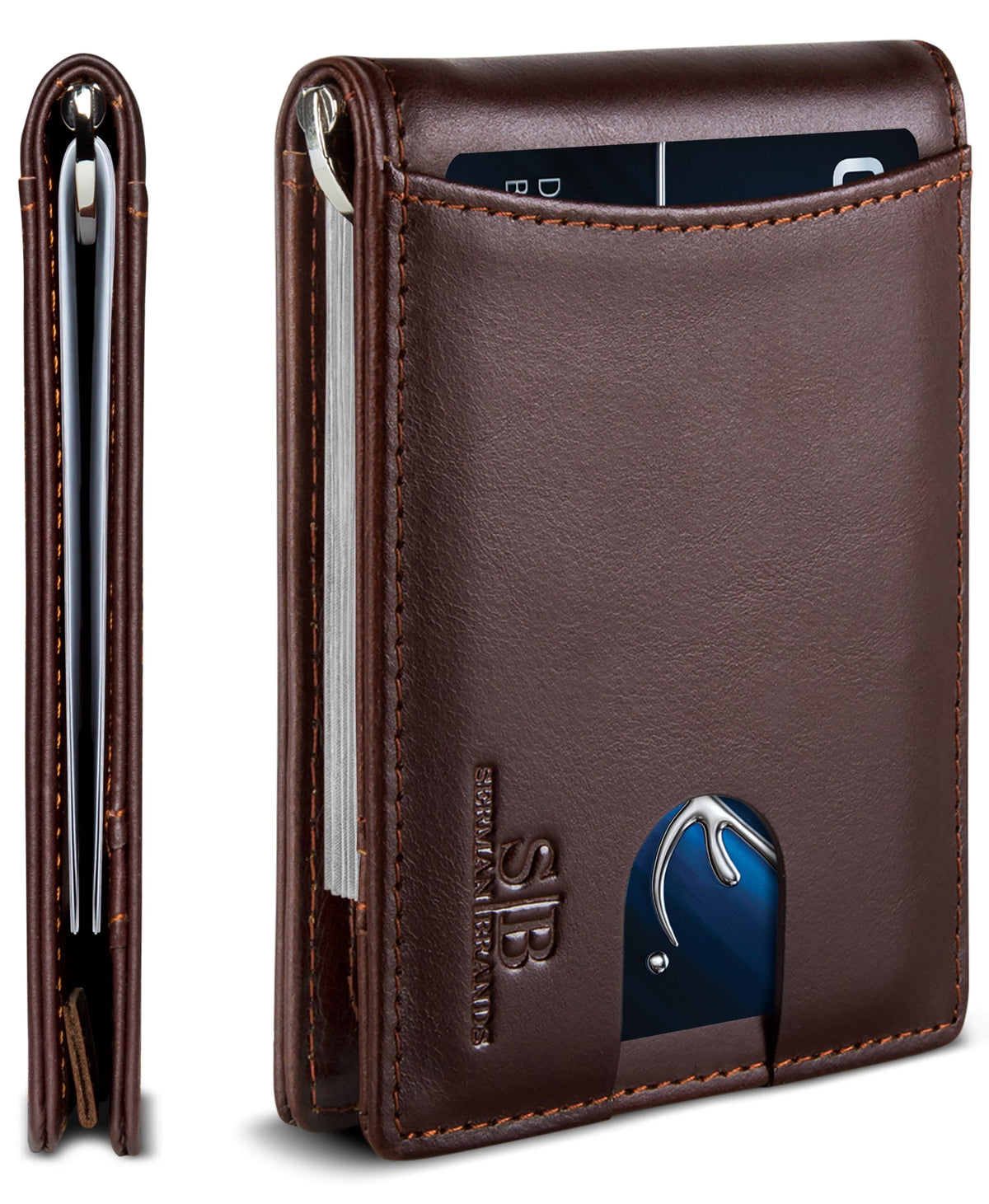 SERMAN BRANDS RFID Blocking Slim Bifold Genuine Leather Minimalist Front Pocket Wallets for Men with Money Clip Thin Gift