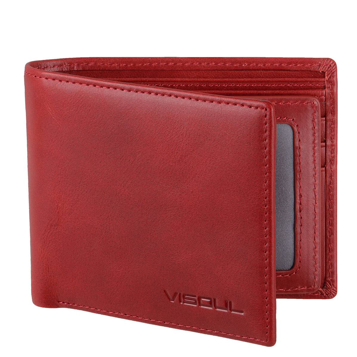 VISOUL Mens Wallet Bifold RFID Protected with 2 ID Windows 8 Credit Card Slots 2 Cash Compartments, Carbon Fiber Leather Wallet for Men Gift Box (Black+Burgundy)