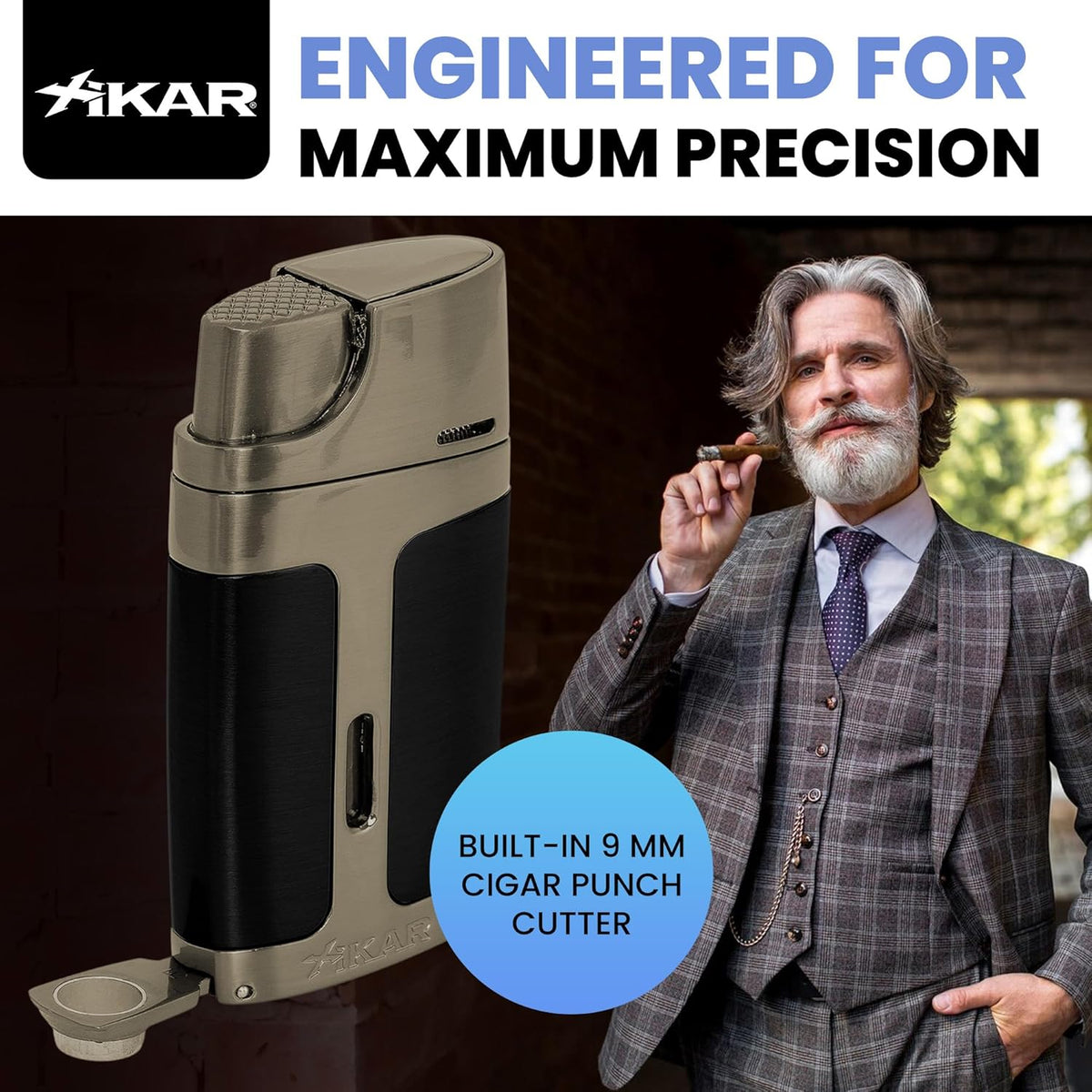 XIKAR ELX Double Jet Flame Butane Torch Lighter with 9mm Cigar Punch – Refillable Butane Lighter with Fuel Window – Wind-Resistant Adjustable Flame – Premium Cigar Accessory – Black with Gunmetal