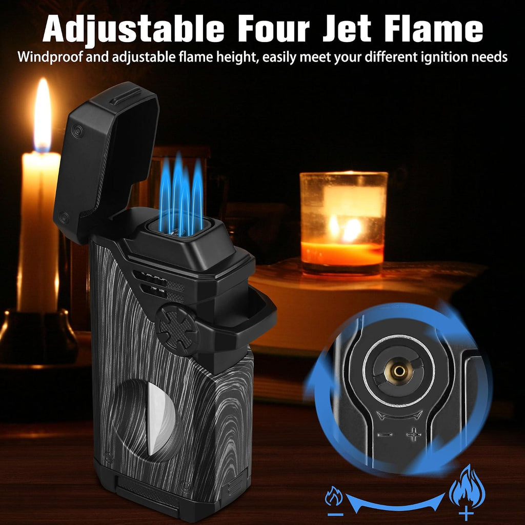5-in-1 Torch Lighter with V Cutter Holder Punch and Draw Enhancer Tool,Four Windproof Jet Flame Multi-Functional Lighter,Refillable Butane Lighter with Gift Box for Men Black,Without Butane