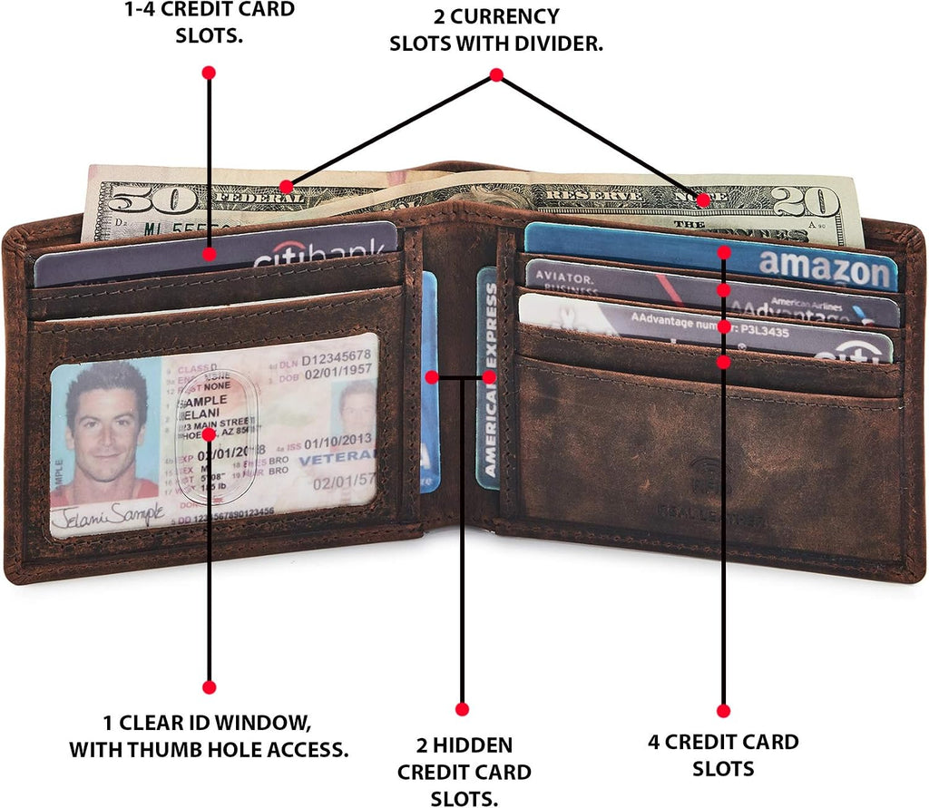 Real Leather Mens Bifold Wallet RFID Blocking Slim Minimalist Front Pocket - Thin & Stylish with ID Window in Gift Box (Crazy Horse, Cognac).