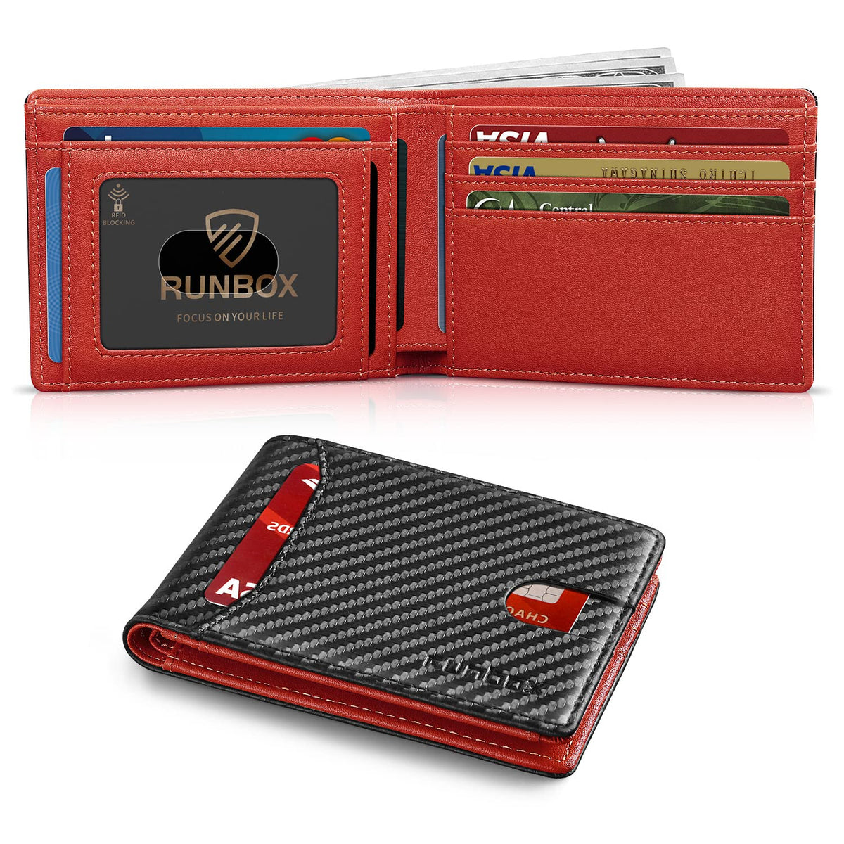 RUNBOX Wallet for Men, Slim Leather Bifold, RFID Blocking Card Holder