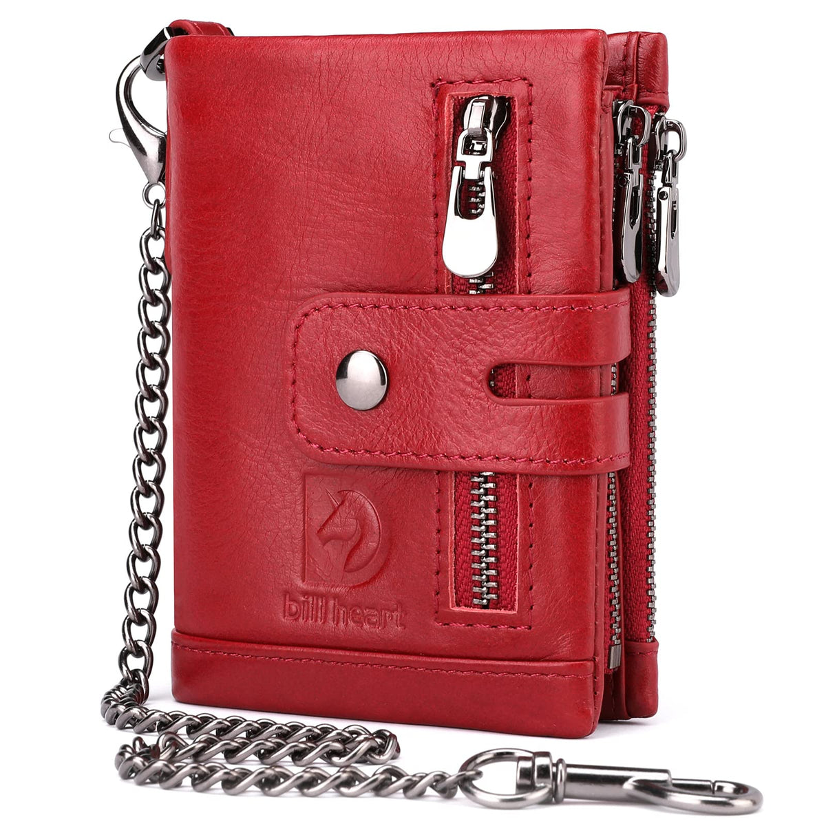 Mens Wallet with Chain Genuine Leather Purse RFID Blocking Bifold Double Zipper Coin Pocket with Anti-Theft Chain