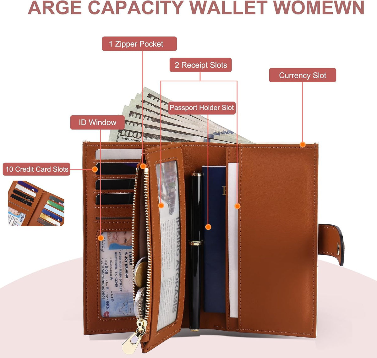 yiijay Women's Wallets RFID Blocking Leather Trifold Clutch Wallet Credit Card Holder Ladies Travel Wallet Purse with Passport/Pen Holder