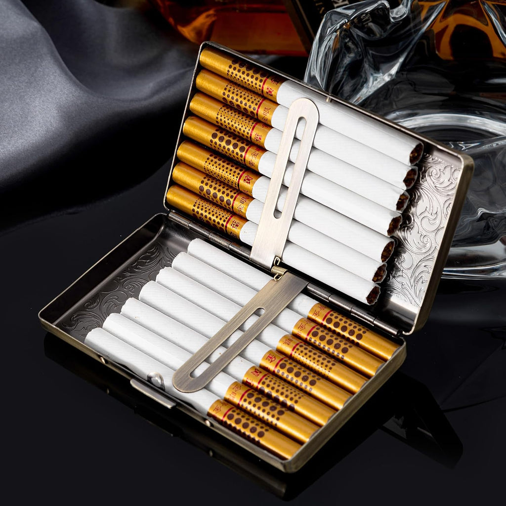 Goshentech Vintage Cigarette case,14 Capacity,Metal Plated Metallic Glossy Black,Double-Sided,Bank Card case, Cash Box(100mm King Size) (Bronze)