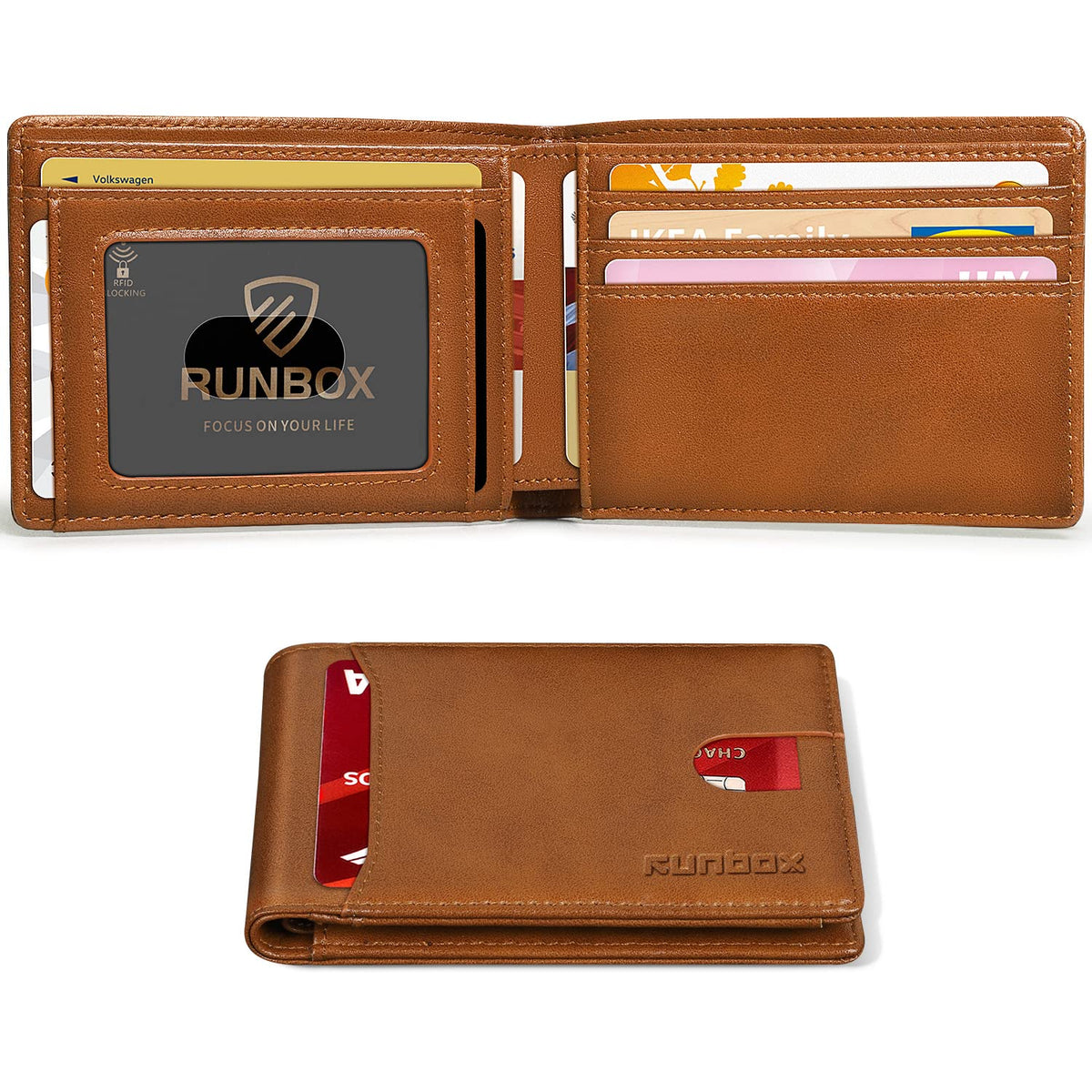 RUNBOX Wallet for Men, Slim Leather Bifold, RFID Blocking Card Holder