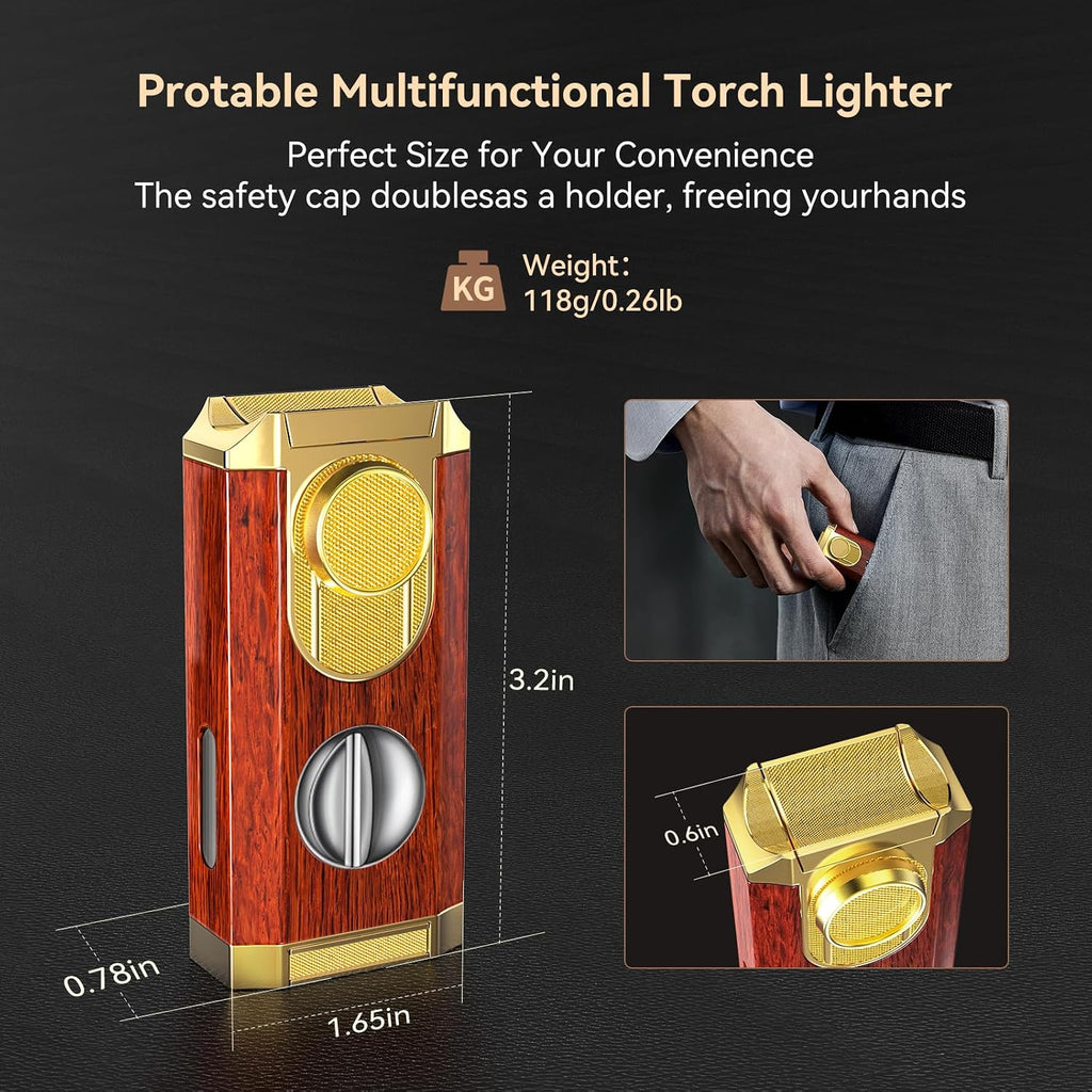 Triple Jet Torch Lighter with Cutter and Holder, Mahogany