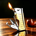 Soft Flame Butane Lighter with Built-in 3-in-1 P-ipe Tool Cleaner, Unique Refillable P-ipe Lighter, Angled Gas Window, Unique Gifts for Men, Birthday, Father’s Day, Valentine’s Day (Gold, No Fuel)