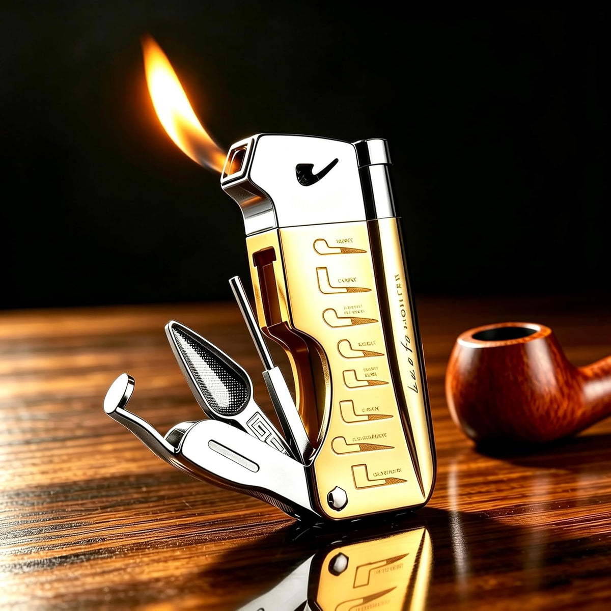 Soft Flame Butane Lighter with Built-in 3-in-1 P-ipe Tool Cleaner, Unique Refillable P-ipe Lighter, Angled Gas Window, Unique Gifts for Men, Birthday, Father’s Day, Valentine’s Day (Gold, No Fuel)